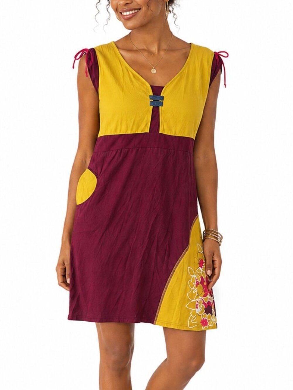 Coline Colorblock Cotton Blend Dress XL Boho Floral Pocket Midi Lagenlook